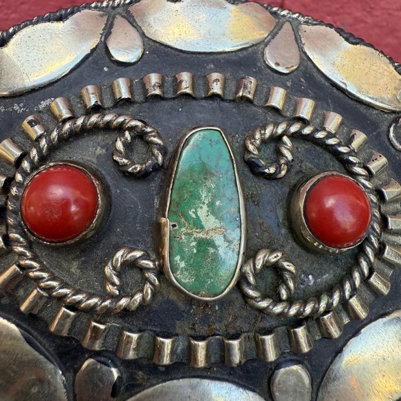 Vintage Alpaca Mexico Oval Turquoise Coral Belt Buckle Western Cowboy Boho - Picture 2 of 6